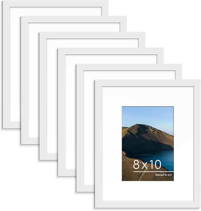 8x10 Picture Frame Set of 6, Wall or Tabletop Display, White | Display Pictures 5x7 with Mat or 8x10 Without Mat, Horizontal or Vertical, Gallery Wall Frame Set, Wedding Birthday Gifts