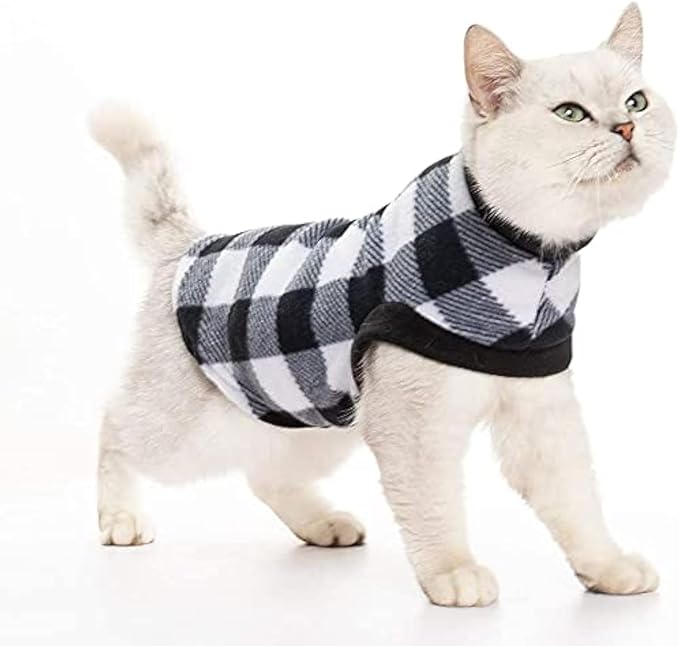 Plaid Cat Sweater - Pet Clothes Cat Puppy Vest Warm Fleece Hoodie for Cats, Fall and Cold Winter Coat Pullover Design, Buffalo Checked Sweatshirt Clothing Also for Small Dogs