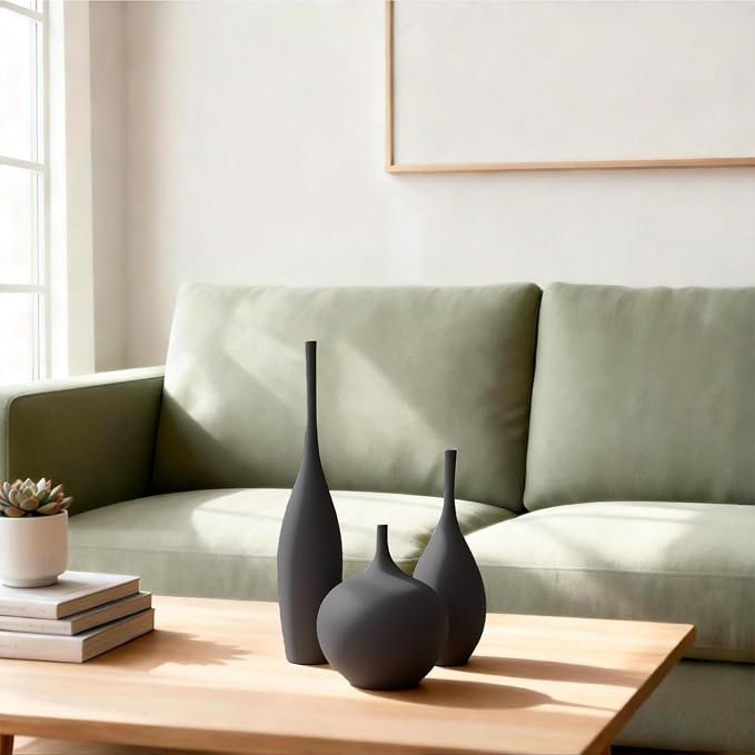 Relexome Black Ceramic Vase Modern Boho Wabi-Sabi Flower Vase Set of 3 Decorative Aesthetic Vases for Centerpieces Matte Minimalist Vases for Living Room Table Shelf Home Decor Gift