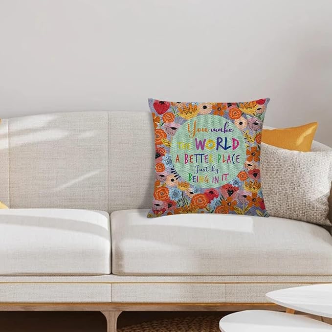 Littlefa Bright Colorful Throw Pillow Cover Decorative,You Make the World | You The World A Better Place Decorative Pillow Cases Motivational Pillow Covers, Inspiring Gifts for Friedns Women, 18×18 In