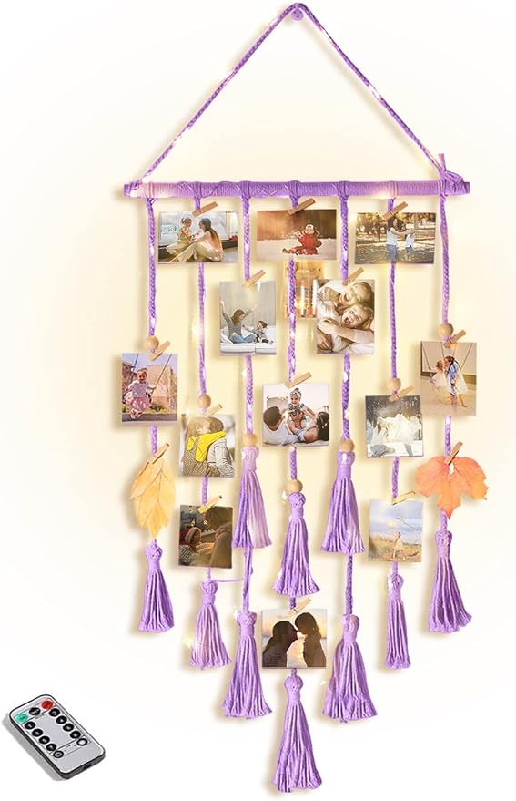 Hanging Photo Display Wall Decor, Purple Macrame Hanging Boho Room Bedroom Decor, Picture Frame Collage with Light 30 Clips, Christmas Teenage Teen Girl Gifts Ages 10 11 12 13 14 Years Old