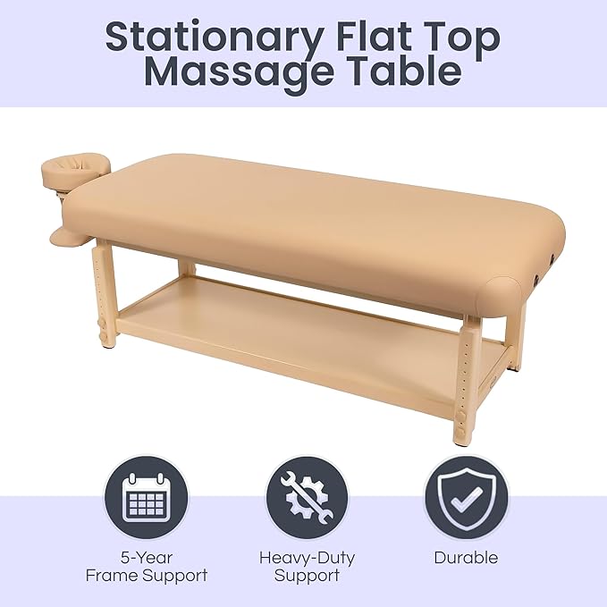 Professional Stationary Massage Table with Adjustable Headrest and Arm Shelf - Premium 3.5" Multi-Layer Soft-Foam System, Ergonomic Design Table for Therapists - 30" W x73 L - (Beige)
