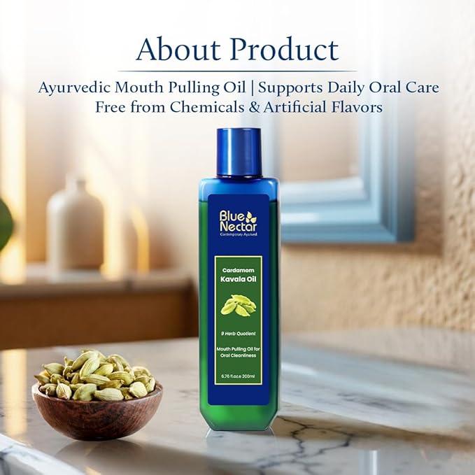 Blue Nectar Cardamom Mint Oil Pulling for Mouth | Ayurvedic Mouth Freshener & Mouthwash | Natural Pulling Oil for Cool Fresh Breath & Daily Oral Care (9 Herbs, 6.76 Fl Oz)
