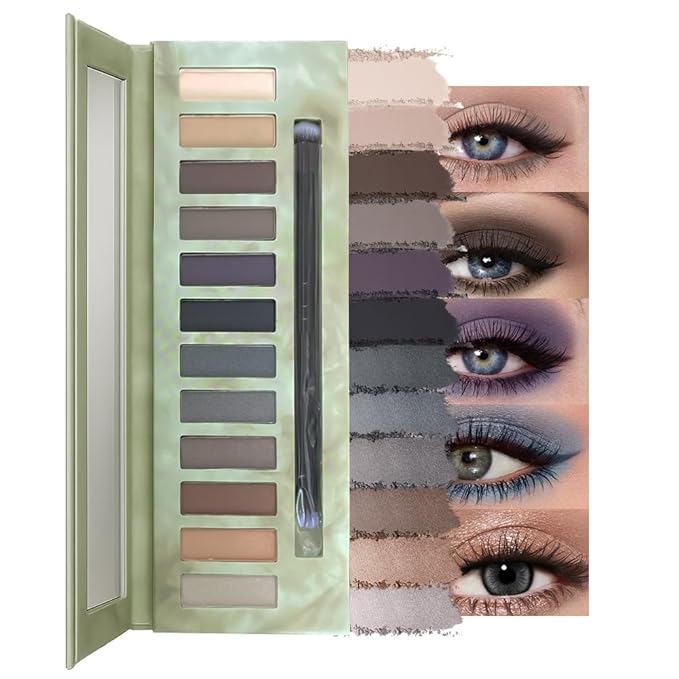 12 Colors Highly Pigmented Eye Shadow Palette Makeup Kit for Women, White Nude Purple Black Silver Bronze Eyeshadows, Matte Smoky Shimmery Metallic Shades Eyeshadow Palette Long-Lasting Waterproof