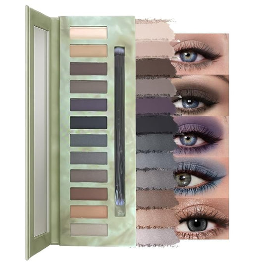 12 Colors Highly Pigmented Eye Shadow Palette Makeup Kit for Women, White Nude Purple Black Silver Bronze Eyeshadows, Matte Smoky Shimmery Metallic Shades Eyeshadow Palette Long-Lasting Waterproof