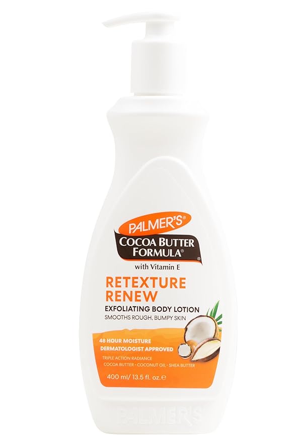 Palmer's Cocoa Butter Formula Retexture & Renew Exfoliating Body Lotion for Rough & Bumpy Skin, Triple Action Moisturizers + AHAs, Pump Bottle, 13.5 Ounce