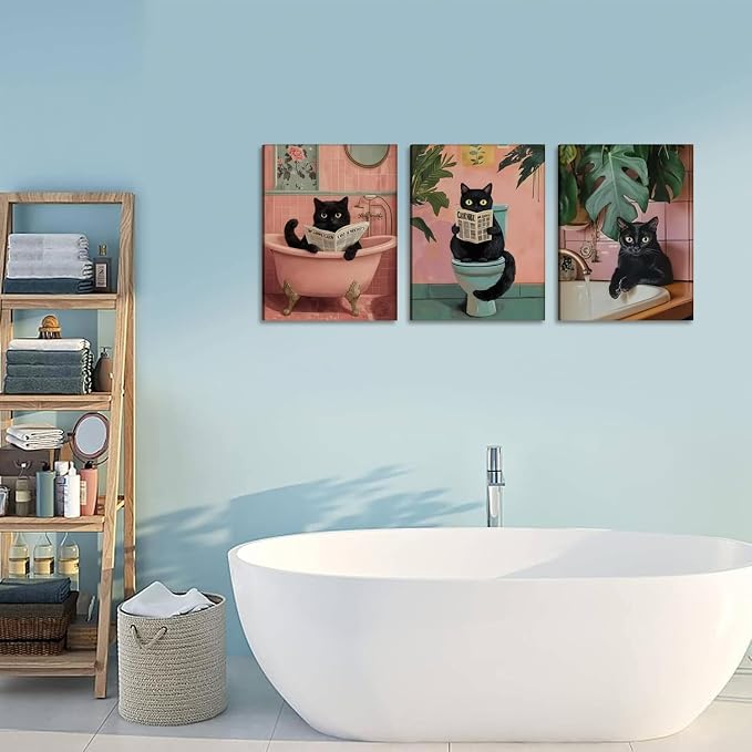 Funny Pink Bathroom Cat Wall Art Painting Set of 3 Maximalist Cute Black Cat Bathroom Wall Decor, Eclectic Animal Restroom Poster Canvas Prints Pictures 16x24 inch Framed