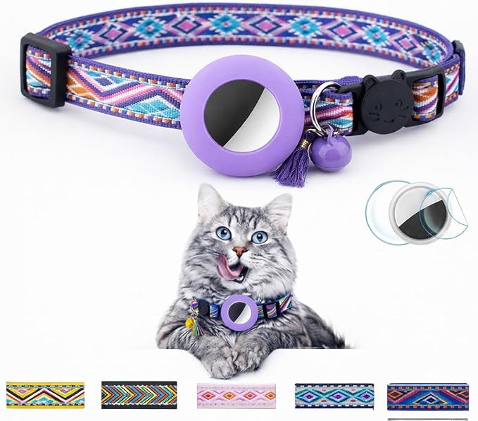 AirTag Cat Collar – Lightweight Breakaway Woven Cat Collar with Secure Holder for Apple AirTag, Adjustable with Bell for Cats & Kittens (Twilight Bloom) | Amazegoods