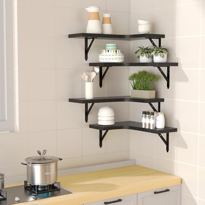 ROMGUAR CRAFT Corner Floating Shelves Wall Mounted Set of 4, Rustic Wood Storage Display Shelves for Home Decor, Bathroom, Kitchen, Bedroom, Living Room, Office (Black)