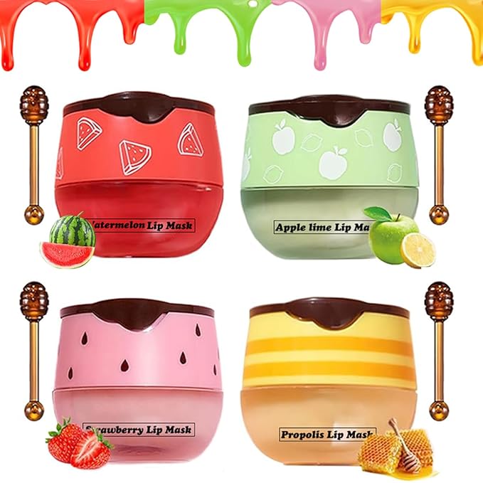 Honey Lip Balm, Strawbemy Apple Watermelon Cherries, Coconuts, Peaches, Grapes, Mint Lip Mask, Moisturizing Lip Sleeping Mask, Hydrate Repair Prevent Dry Cracked Lip (4 Flavors)