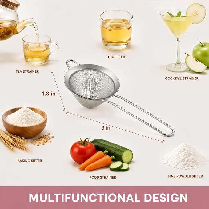 E-far Fine Mesh Strainer Set of 2, 3.3 Inches Stainless Steel Tea Strainer with Long Handle, Small Conical Mesh Strainers Sieve for Cocktail Coffee Food, Rust Proof & Easy to Clean (Silver)