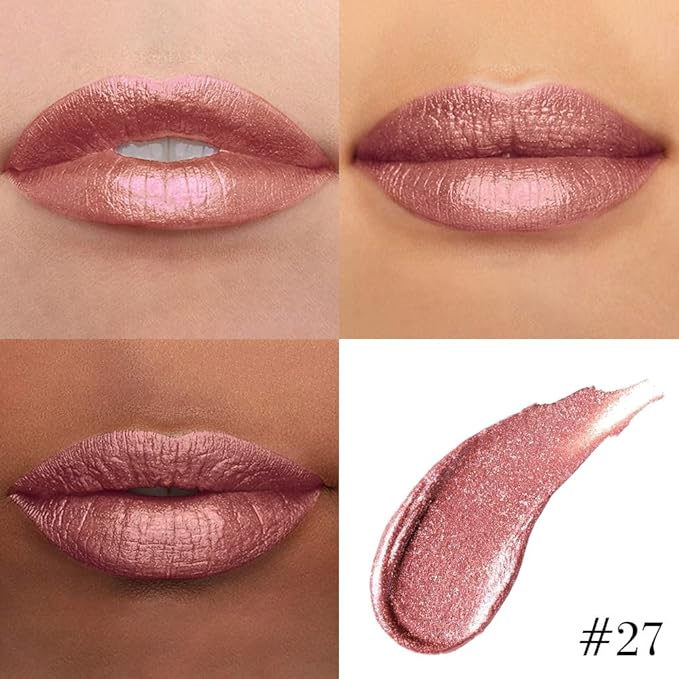Kaely 2-in-1 Metallic Lipstick and Lip Liner, Shimmer Liquid Metallic Lipsticks for Women, Glitter Lip Gloss Stain Long Lasting Waterproof Smudge Proof (27 Nude Gold, 1 Count (Pack of 1))