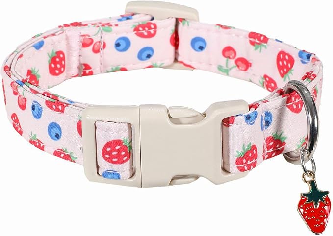 Girl Dog Collar, Cute Dog Collar for Medium Dogs with Cute Strawberry, Cherry and Blueberry Print, Pink Collar for Dogs with Quick-Release Buckle and Robust D Ring, M