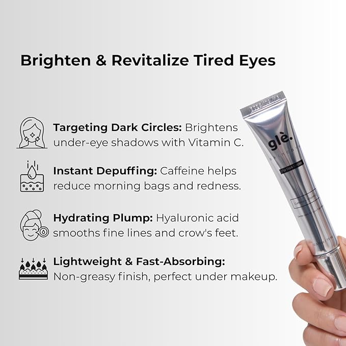 Gle Vitamin C Eye Serum for Dark Circles, Eye Wrinkles and Redness | Dark Circle Under Eye Puffy Eyes Treatment | Caffeine, Vitamin C Hyaluronic Acid | Hydrating & Brightening Scent-Free Travel Size