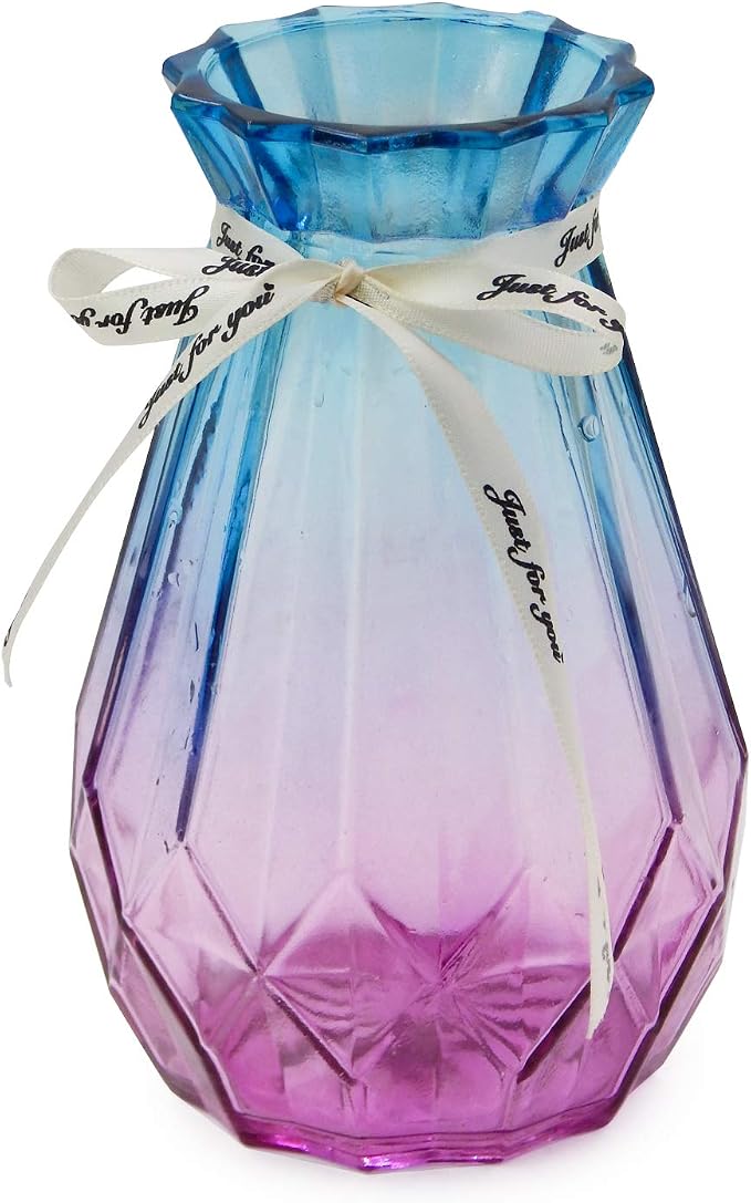 Glass Vase Gradient Multicolor with Geometric Faceted Design Flower Vase for Weddings, Events, Decorating, Arrangements, Flowers, Office, or Home Decor