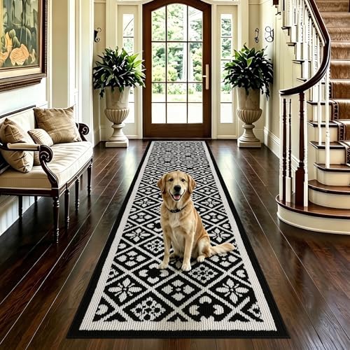 Ileading Hallway Runner Rug 2x10 ft,Washable Indoor Black Entryway Carpet with Non Slip Rubber Backing,Low Pile Heavy Duty Kitchen Floor Mat for Entrance & High Traffic Areas
