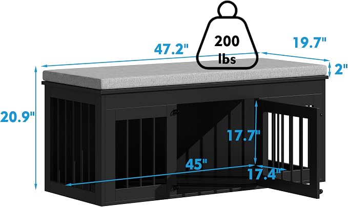 47.2" Large Dog Crate Furniture for Small Medium Dogs, Black | Indoor Furniture Style Wooden Dog Crate Kennel Cage House, End of Bed Bench Ottoman with Cushion,for Bedroom, Living Roome