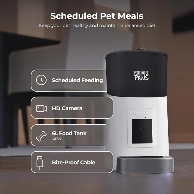 Smart HD Pet Feeder, 6L, White/Stainless Steel | 1080p Camera, 2-Way Audio, Voice Recording, Night Vision, Scheduled Meals, Backup Power, Easy to Clean, Anti-Jam Design