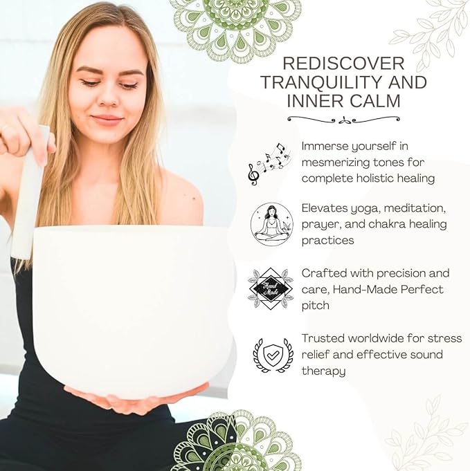 6-12inch White 432hz Quartz Crystal Singing Bowls Set of 7, for Healing Mindfulness Meditation Yoga Sound Baths with Case Mallet Suede Striker