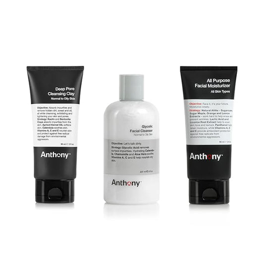 Anthony Press Reset Trio, Deep Pore Cleansing Clay, Glycolic Facial Cleanser and All-Purpose Facial Moisturizer