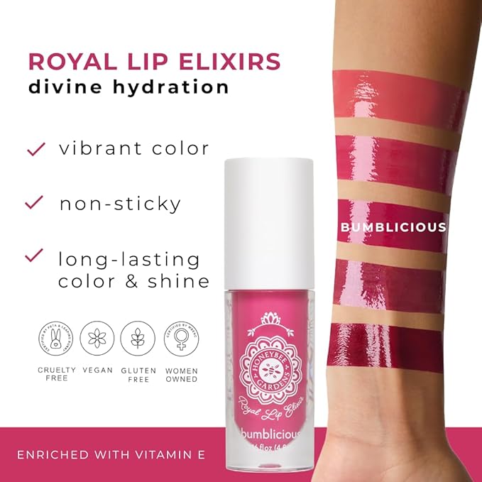 Honeybee Gardens Royal Lip Elixir Bumblicious, Hydrating and Non-Sticky Liquid Lip Color, Vegan, Cruelty-Free Beauty