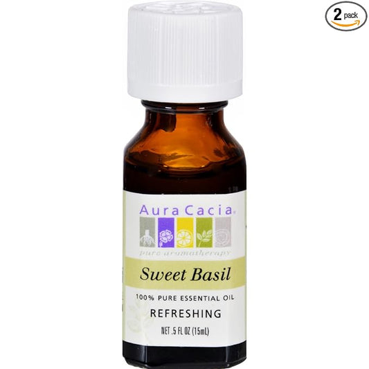 Aura Cacia Pure Aromatherapy 100% Pure Essential Oil, Sweet Basil, Refreshing, 0.5-Ounces (Pack of 2)