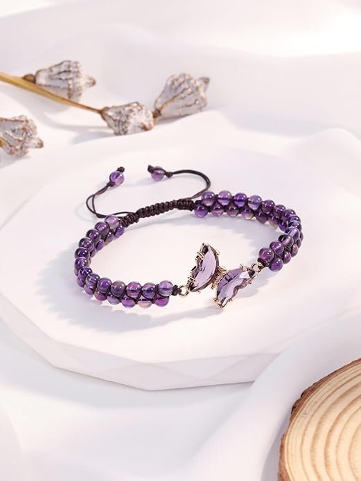 Top Plaza Amethyst Bracelet Healing Crystal Stone Bracelet for Women 8mm Crystal Beads Butterfly Charms Stretch Bracelet Handmade Energy Gemstone Bracelet Jewelry