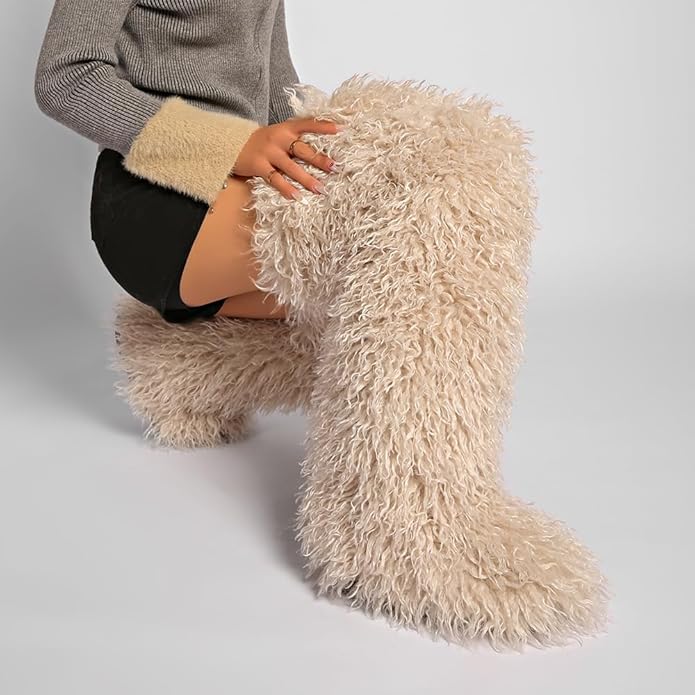 SWEETHEART BEAUTY Thigh High Shagy Teddy Fur Boots, 29 Inch Over the Knee Length Fluffy High Boots, Tall Furry Shoes For Women