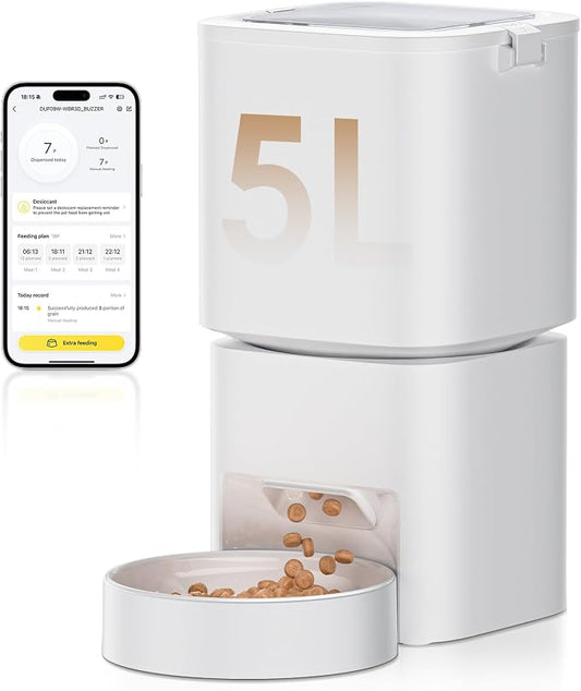 Automatic Cat Feeder with WiFi-5Ghz, APP Control Timed Cat Dry Food Dispenser with Remote Feeding, 5L Auto Pet Feeder up to 10 Meals 1-15 Portion Control Per Day, Auto Dog Feeders for Cats Dog
