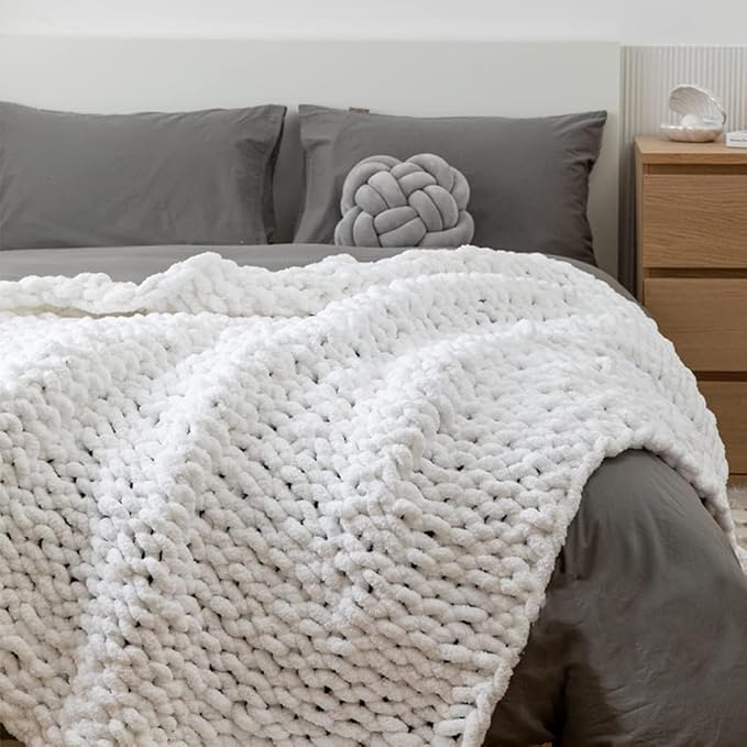 Soft Chunky Knit Throw Blanket for Couch, Cozy Warm Knitted Blankets | Hand Knit with Jumbo Chenille, Lightweight Warm Fluffy Decor for Women, Mom, Her & Girls, Sofa, Chair, Bed, 48"×71" (White)