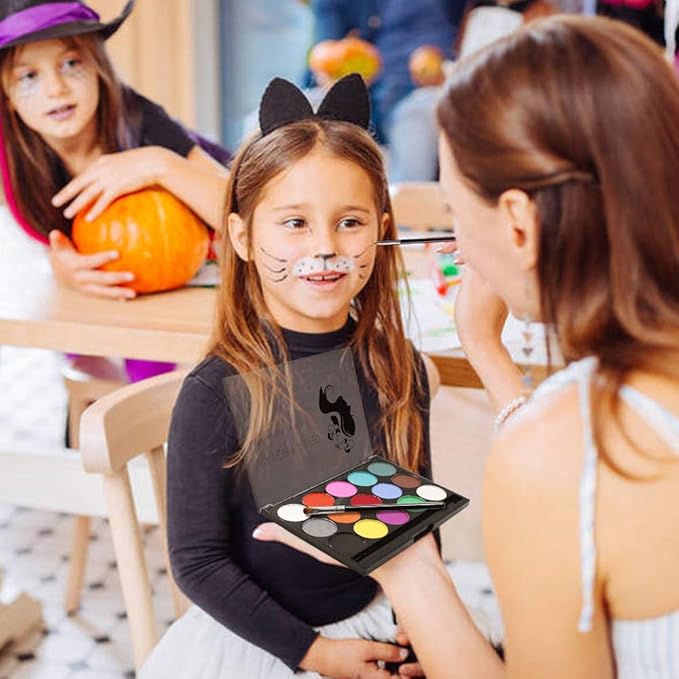 Face Paint Kit - 15 Vibrant Colors Non-Toxic Washable Makeup for Kids & Adults | Water-Based Halloween, Party, Cosplay | Includes 2 Brushes & Palette
