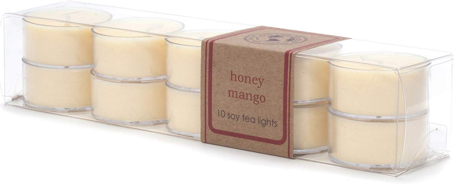 Eco Candle Co. Honey Mango Tea Light Candles, 10-Pack, 9 Hr Burn Time | Scents of Mango, Honey, & Papaya, Recyclable Plastic Cups, No Lead, Hand Poured, Made from Midwest Grown Soybeans, .6 oz. Ea