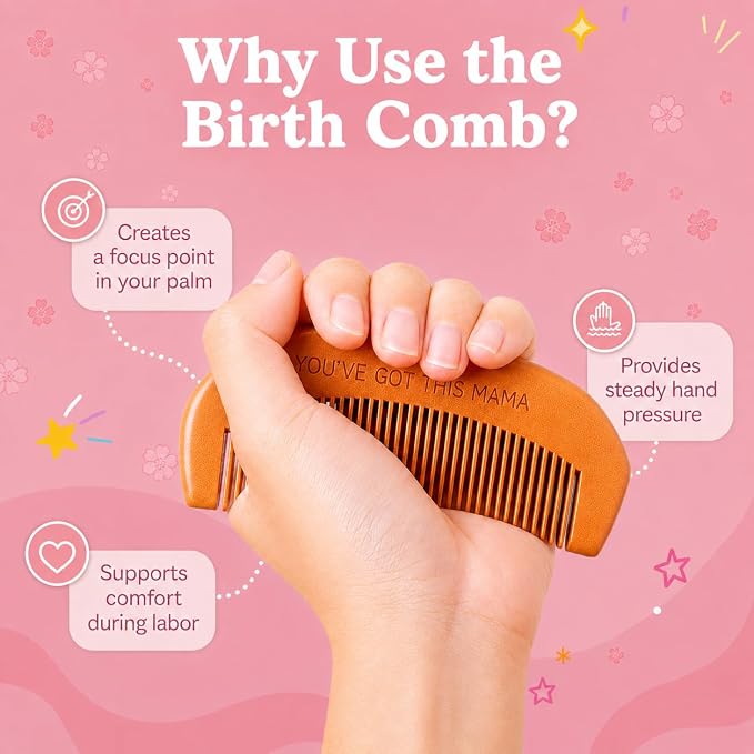 Birth Comb & Acupressure Massage Ball Set, Labor and Delivery Essentials | Wooden material, sensory focus, hospital bag essentials, mom-to-be gift