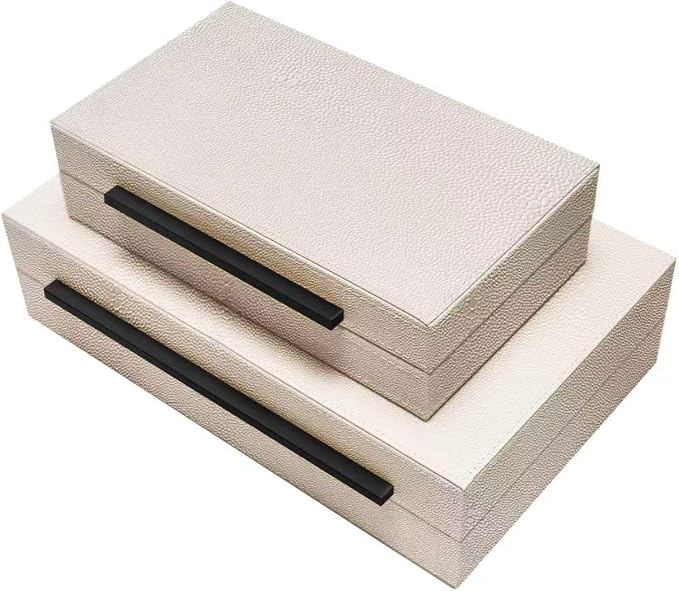 Sagala Set of 2 Beige Shagreen Decorative Boxes With Black Metal Handles, Faux Leather Jewelry Boxes Modern Storage Boxes Photo Boxes Memory Boxes Home Organizer (Beige-Black Handle)