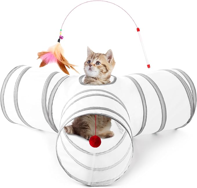 Tempcore Cat Tunnel, 3-Way Collapsible Toy for Indoor Cats, White & Grey