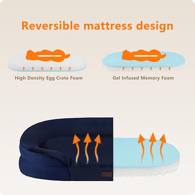 Dwanton Orthopedic Waterproof Large Dog Bed Sofa, Gel Memory Foam, 42" | Egg-Crate Foam Dog Sofa, Washable Pet Bed with Four Sided Bolster Cushion, Removable Cover & Non-Slip Bottom, Navy Blue