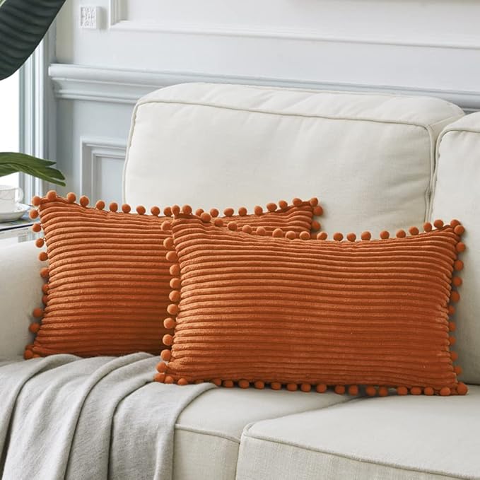 Fancy Homi 2 Pack Rust Lumbar Decorative Throw Pillow Covers 14x24 Inch with Pom-poms for Living Room Couch Bedroom, Soft Corduroy Solid Rectangle Cushion Case 35x60 cm, Rustic Farmhouse Home Decor