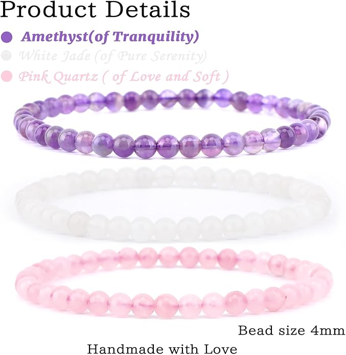 NCB 2.3-Piece 4mm Natural Crystal Gemstone Stretch Bracelets – Handmade Reiki Energy Healing Jewelry for Meditation,Yoga, Unisex