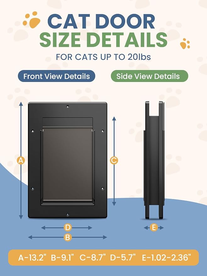Cat Door with Soft Magnetic Flap, Pets Up to 20 lb, Black | Sliding Lock Panel, Soft Magnetic Flap, Adjustable Tunnel, Save energy, Easy DIY Installation Exterior Cat Doors