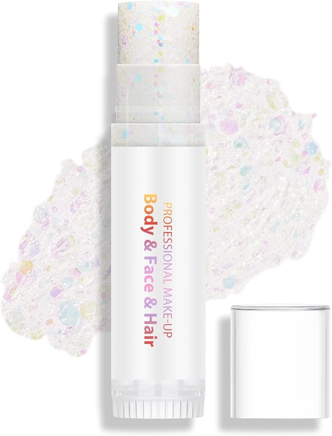 Clear Rainbow Body Hair Face Glitter Stick, Holographic Sequins Face Sparkle Glitter Gel Neon Outfit for Women Face Paint Rave Festival Mermaid Chunky Makeup