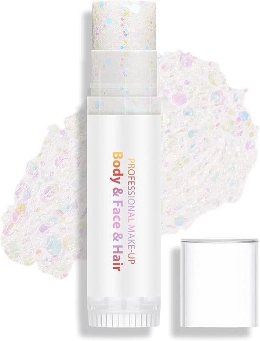 Clear Rainbow Body Hair Face Glitter Stick, Holographic Sequins Face Sparkle Glitter Gel Neon Outfit for Women Face Paint Rave Festival Mermaid Chunky Makeup
