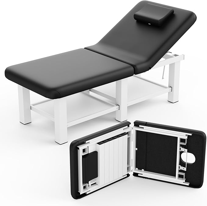 pouseayar Stationary Massage Table Folding Bed with Backrest for Treatment Table Physical Therapy Table Spa Facial Bed, Metal Frame PU Leather, 30.5'' Wide × 75'' Long - Black