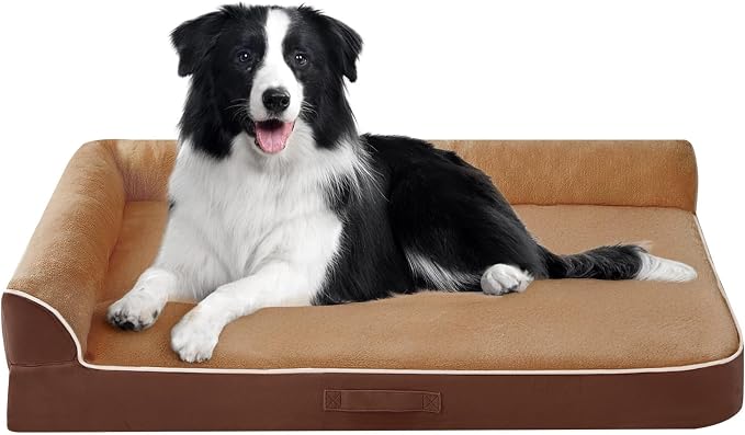 XL Orthopedic Dog Bed for Large Sized Dogs, 42"x30"x7.5", Brown | Waterproof, Washable Cover, L-Shaped Pet Couch, Egg-Crate Foam for Pressure Relief, Portable Handle