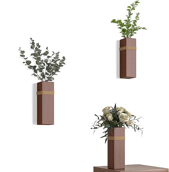 Wall Mount Wood Vase, Rope | Living Room, Modern Wood Planter Art Decor, For Fake Plants Greenery Flowers, Farmhouse Style, Multi-Room Use