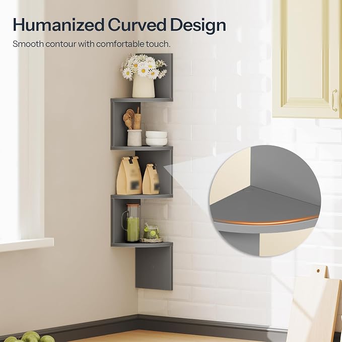 HOOBRO Corner Shelf Wall-Mounted, Set of 2 Floating Corner Shelves for Wall, 4-Tier Bookshelves for Wall Decor in Living Room, Bedroom, Home Office, Dove Gray GY25BJP201