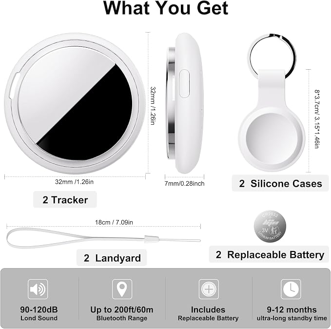 Air Tracker Tag Works with Apple Find My (iOS Only) Includes Replaceable Battery, Bluetooth Smart Item Locator Key Finder for Keys, Luggage, Wallet, Pet, Dog, Cat (White, 2-Pack)