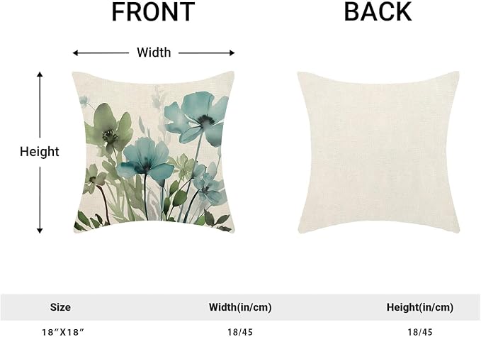 Spring Floral Pillow Covers 18x18 Inches Set of 2 Sage Green Teal Floral Throw Pillow Cover Outdoor Summer Flower Decoration Pillowcase Farmhouse Decorative Linen Cushion Cover for Couch Sofa