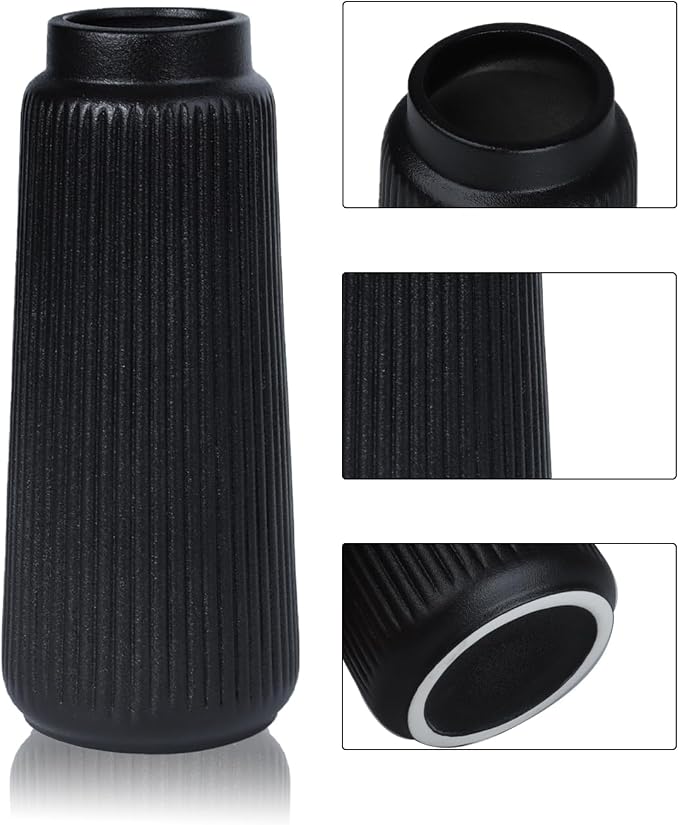 Black Ceramic Vase, 8 Inch Conical Flower Vase for Pampas Grass, Modern Minimalist Ribbed Decorative Vase for Living Room Table, Shelf Decor