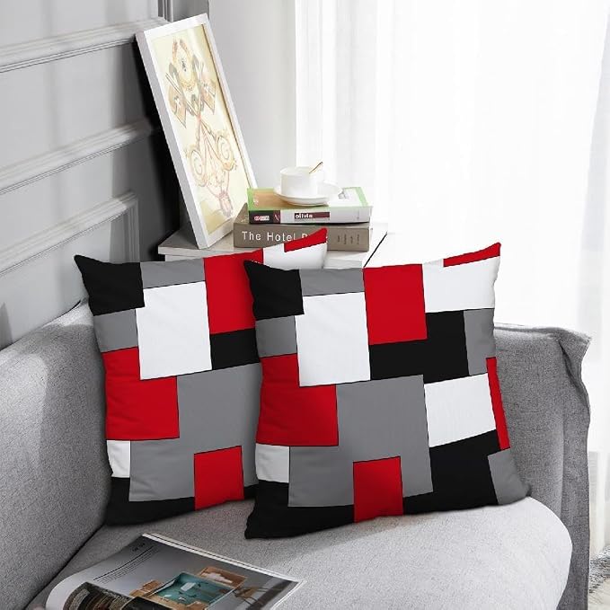 Modern Art Geometric Pillow Cover, Decorative Throw Pillow Covers Red Black Grey Abstract Artwork Cushion Cover for Bedroom Sofa Living Room 20 x 20 Inch Set of 2