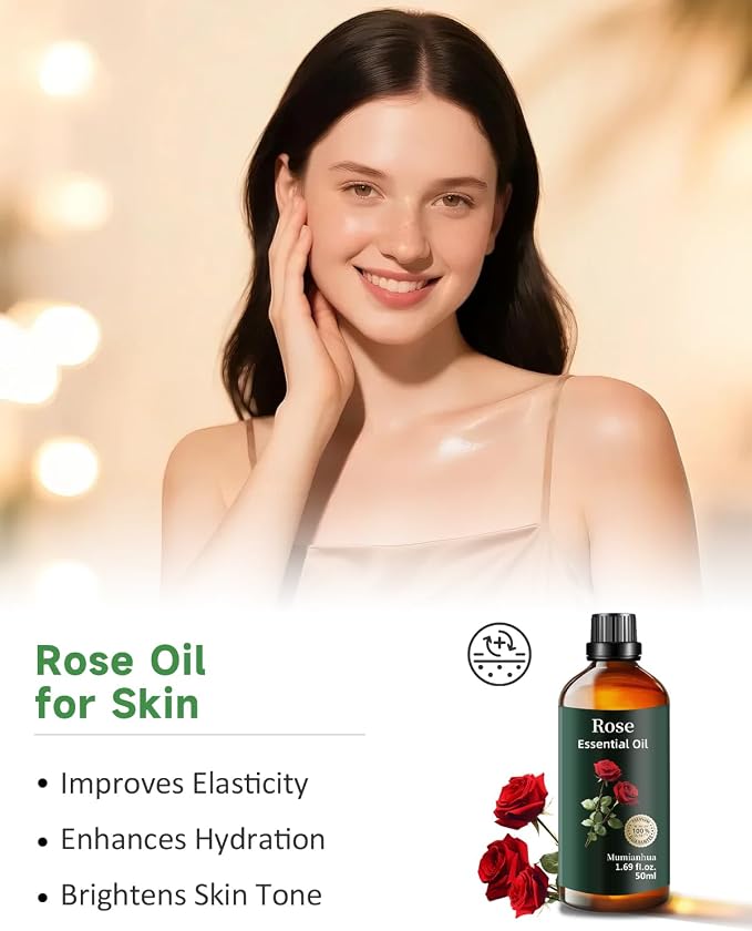 Rose Essential Oil, Floral Scent, Diffuser, Skin & Hair Care, 1.69 Fl Oz | Mumianhua Rose Oil, Steam-Distilled. Rich, Romantic Floral. For Face, Hair, Massage, Perfume & DIY